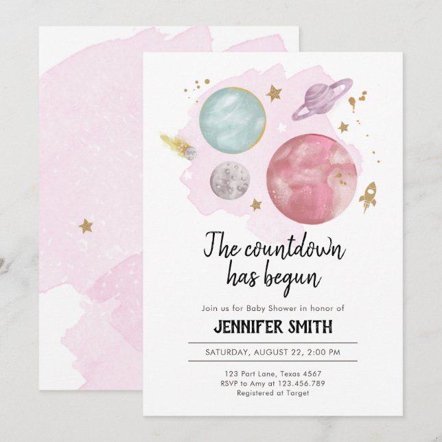 Outer Space Planets Girl Baby Shower Invitation (Front/Back)