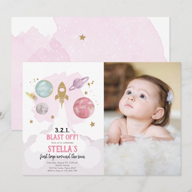 Outer Space Planets Girl First Birthday Invitation (Front/Back)
