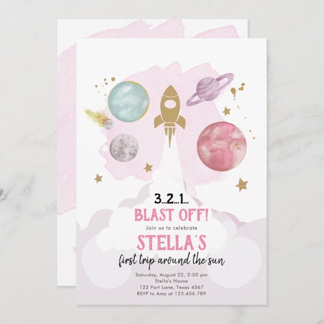 Outer Space Planets Girl First Birthday Invitation (Front/Back)
