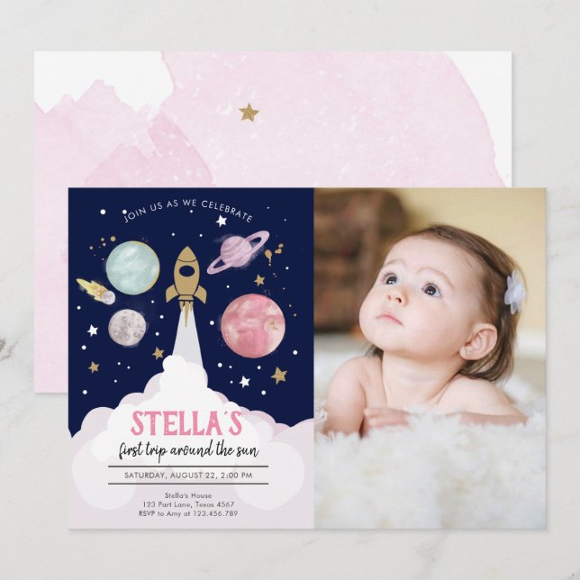 Outer Space Planets Girl First Birthday Invitation (Front/Back)