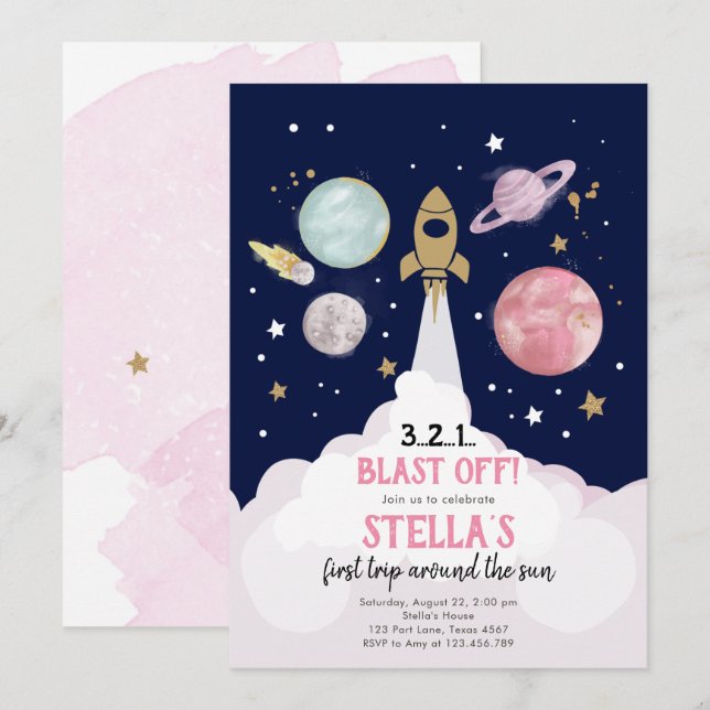 Outer Space Planets Girl First Birthday Invitation (Front/Back)