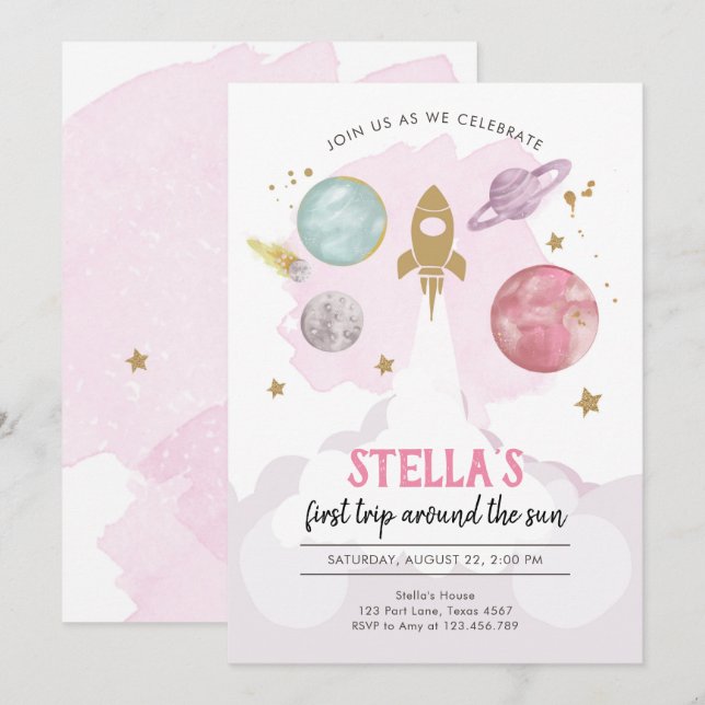 Outer Space Planets Girl First Birthday Invitation (Front/Back)