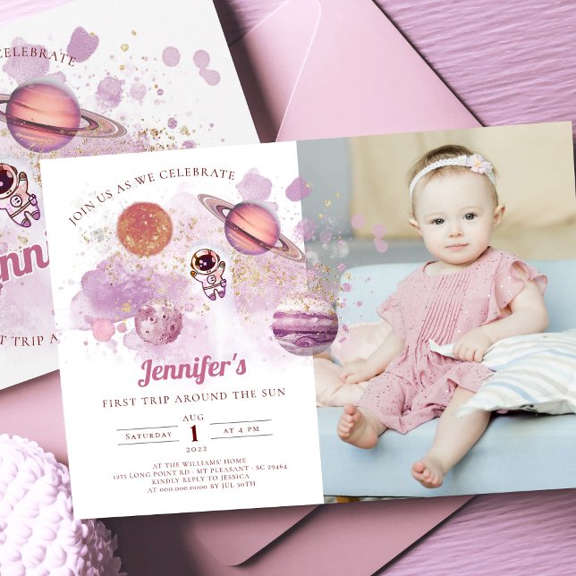 Outer Space Planets Girl Pink First Birthday Invitation (Creator Uploaded)
