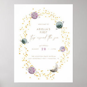 Outer Space Planets - Girls Gold 1st Birthday Poster