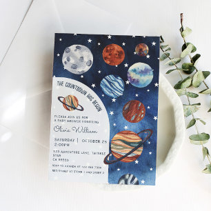 Outer Space Planets Navy Blue Boy Baby Shower Invitation
