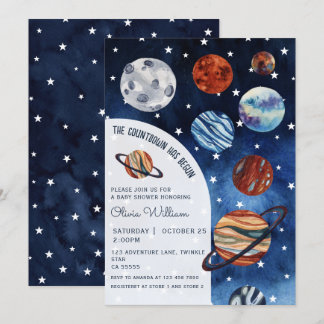 Outer Space Planets Navy Blue Boy Baby Shower Invitation