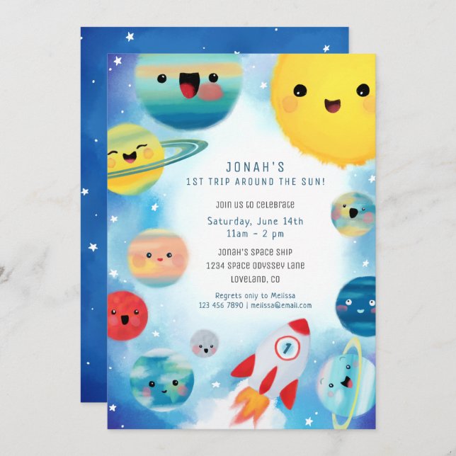 Outer Space Planets Rocket 1ST birthday Invitation (Front/Back)