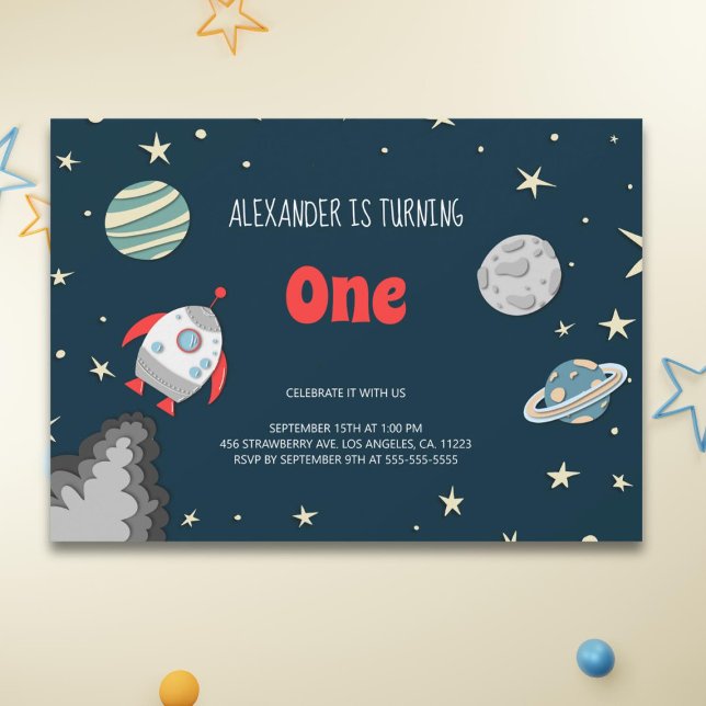 Outer Space Planets Rocket 1st Birthday Invitation (Creator Uploaded)