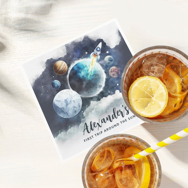 Outer Space Planets & Rocket Ship Boy 1st Birthday Napkin (Creator Uploaded)