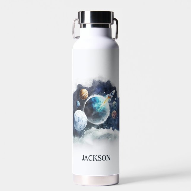 Outer Space Planets Rocket Ship Personalised Kids Water Bottle (Front)