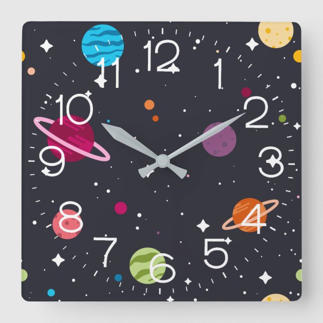 Outer Space Planets Square Wall Clock (Front)