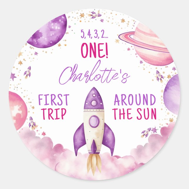Outer Space Purple Birthday Thank You Classic Round Sticker (Front)