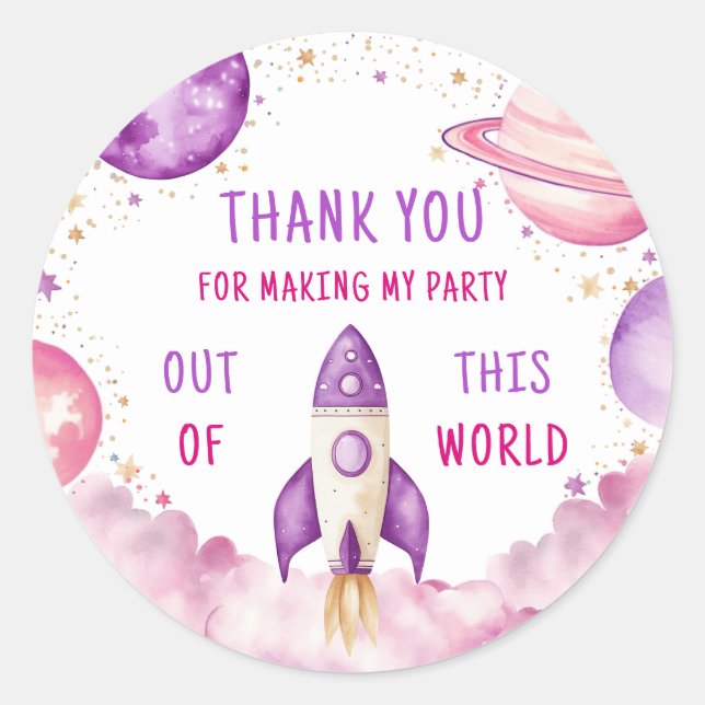 Outer Space Purple Pink Birthday Thank You Classic Round Sticker (Front)