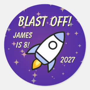Outer Space - Purple Rocket & Stars Kid's Birthday Classic Round Sticker