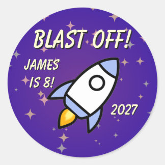 Outer Space - Purple Rocket & Stars Kid's Birthday Classic Round Sticker
