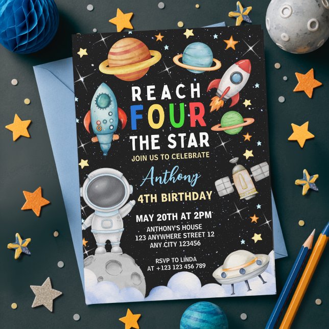 Outer Space Reach Four The Stars 4th Birthday  Invitation (Creator Uploaded)