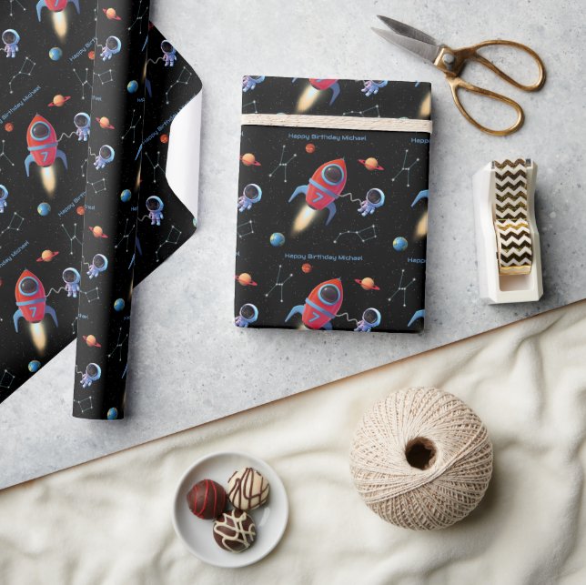 Outer Space Rocket Astronaut Planet Stars Birthday Wrapping Paper (Crafts)
