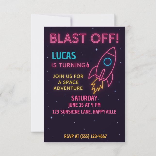 Outer Space Rocket Birthday Invite for Kids (Front)