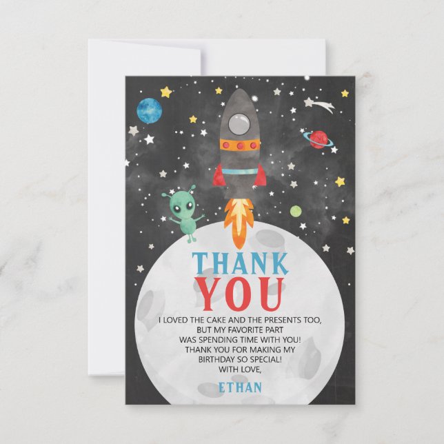 Outer Space Rocket Birthday Thank You Card (Front)