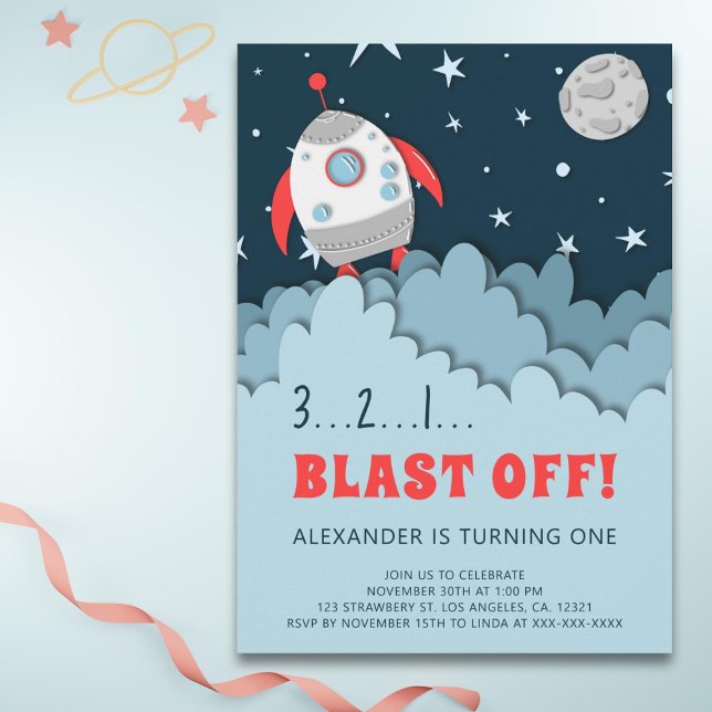 Outer Space Rocket Boy First Birthday Invitation (Creator Uploaded)