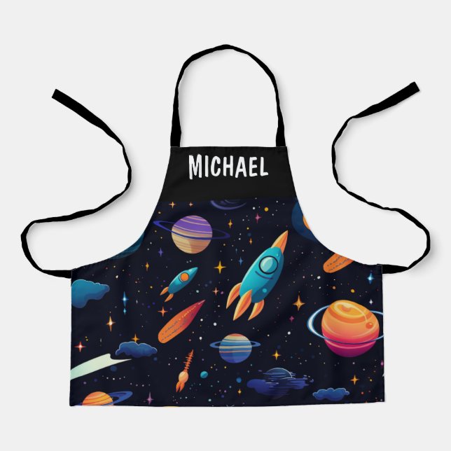 Outer Space Rocket Personalised Kids Apron (Front)