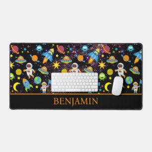 Outer Space Rocket Planet Black Desk Mat