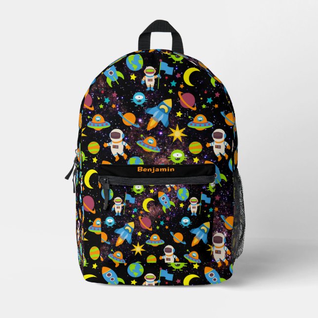 Outer Space Rocket Planet Black Printed Backpack (Front)