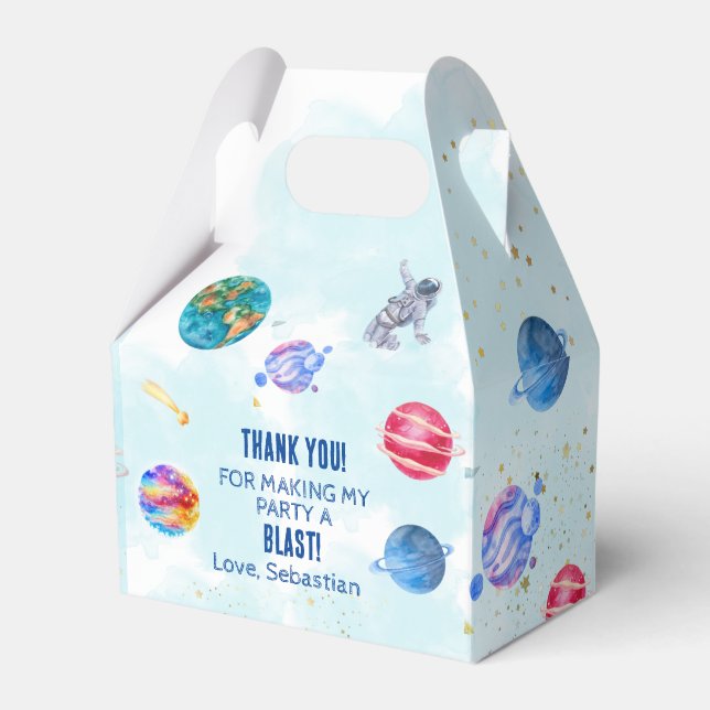 Outer Space Rocket Planets blue boy Birthday Favour Box (Front Side)