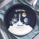 Outer Space Rocket Planets Galaxy Paper Plate<br><div class="desc">Outer Space Rocket Planets Galaxy - Whimsical watercolors and modern typography complement the design. Personalise with your details easily and quickly,  press the customise it button to further re-arrange,  and format the style and placement of the text.
Matching items in our shop.</div>