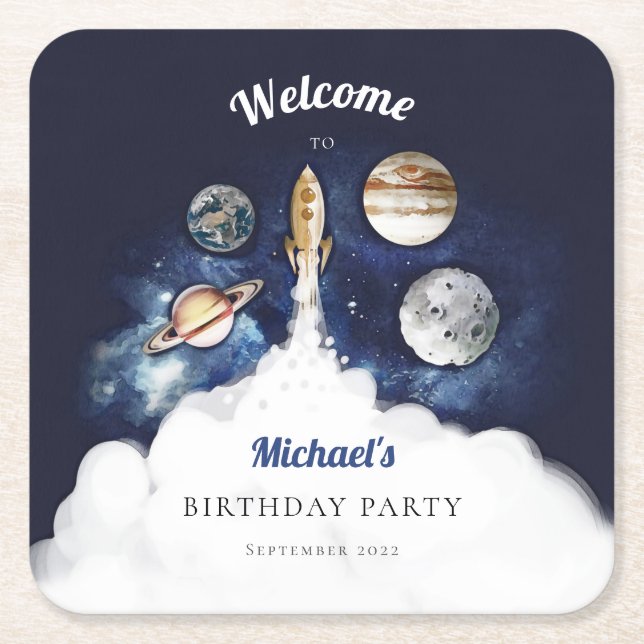 Outer Space Rocket Planets Galaxy Paper Plates Square Paper Coaster (Front)