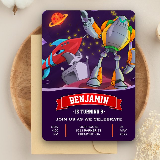 Outer Space Rocket Robot Kids Birthday Invitation (Creator Uploaded)