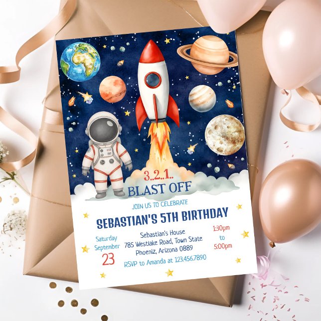 Outer Space Rocket Ship Astronaut Galaxy Birthday  Invitation (Creator Uploaded)