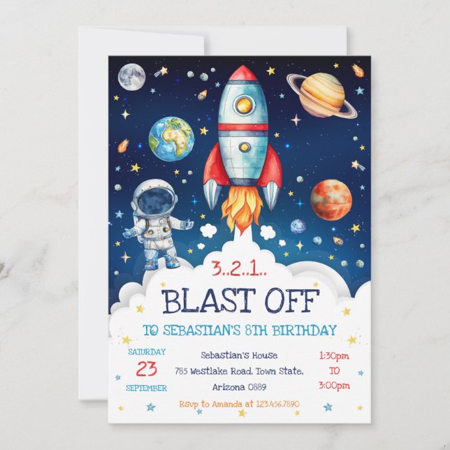 Outer Space Rocket Ship Astronaut Galaxy Birthday  Invitation (Front)