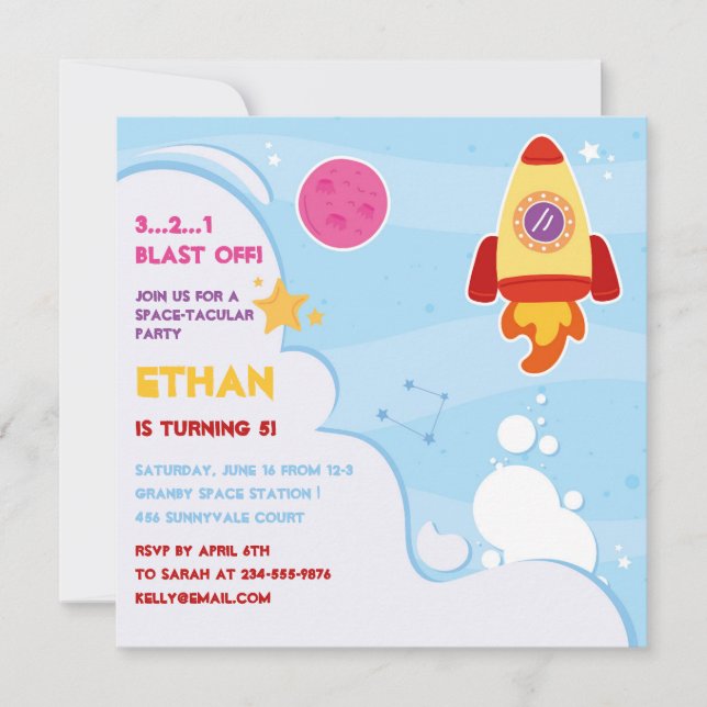 Outer Space Rocket Ship Birthday Invitation (Front)