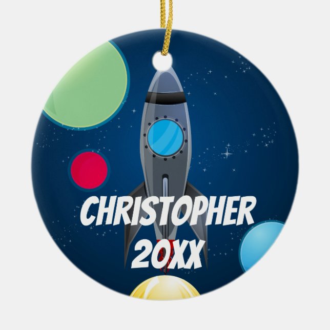 Outer Space Rocket Ship Ceramic Tree Decoration (Front)