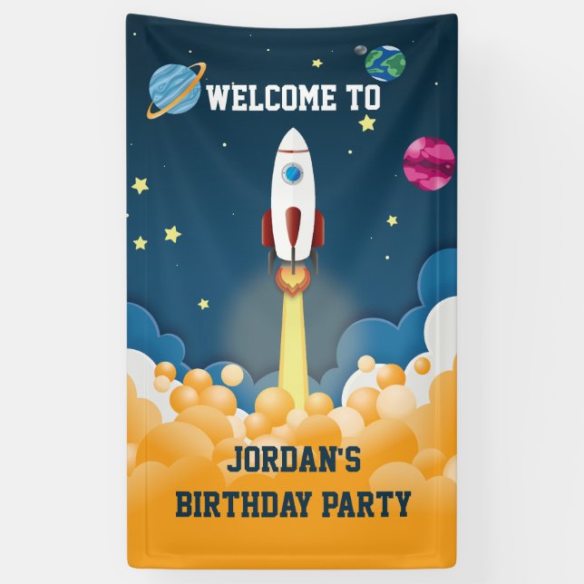 Outer Space Rocket Ship Custom Name Birthday  Banner (Vertical)
