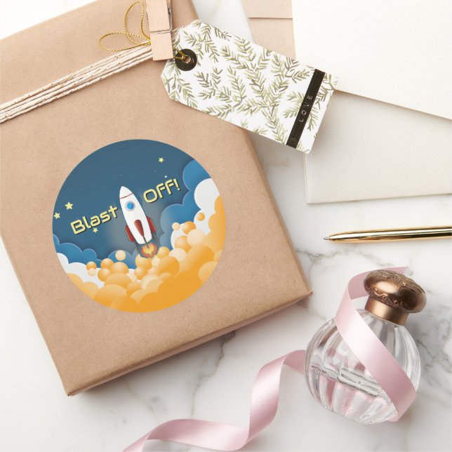 Outer Space Rocket Ship Personalised Name Classic Round Sticker (Gifting)