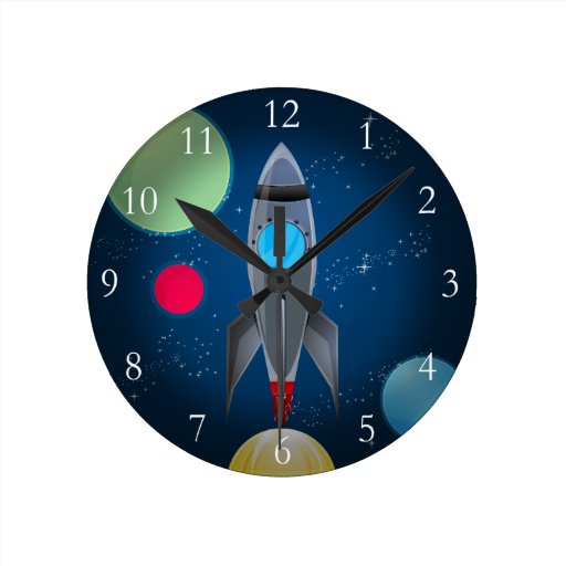 Image of Outer Space Rocket Ship Round Clock