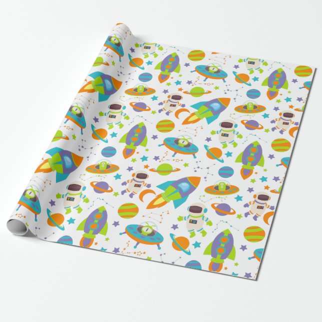 Outer Space Rockets and Astronaut Wrapping Paper (Unrolled)