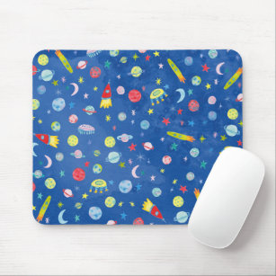 Outer Space Rocketship UFO Pattern Watercolor Mouse Mat