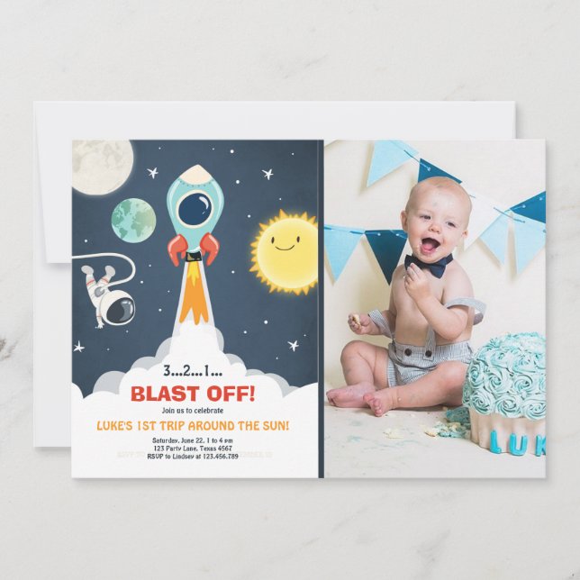 Outer Space Ship Boy 1st Birthday Invitation (Front)