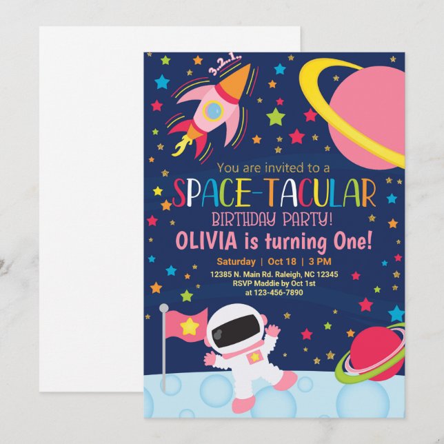 Outer space spacetacular girl birthday invitation. invitation (Front/Back)