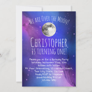 Outer Space Stars Over the Moon 1st Birthday Party Invitation
