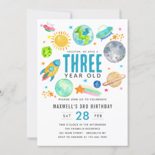 Outer Space Sun Moon Rocket Kid Birthday Party  Invitation