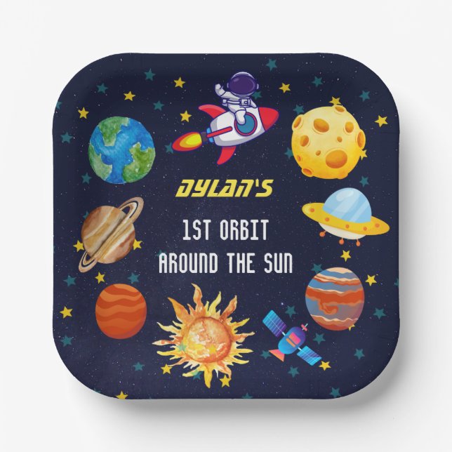 Outer Space Theme 1st Birthday Party Paper Plate (Front)
