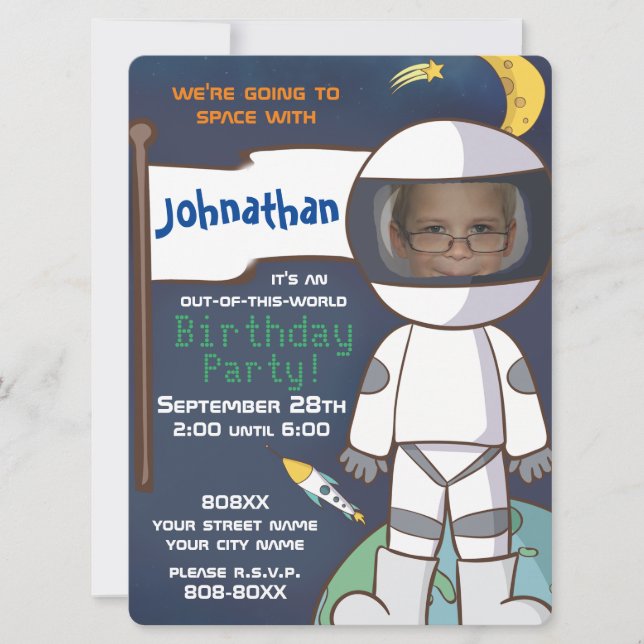 Outer Space Theme with Astronaut Custom Photo Invitation (Front)