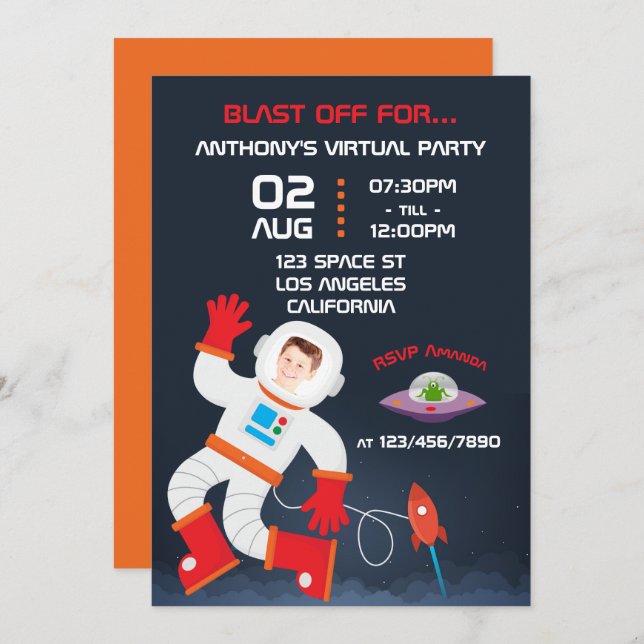 Outer Space Themed Virtual Birthday Party Photo Invitation (Front/Back)