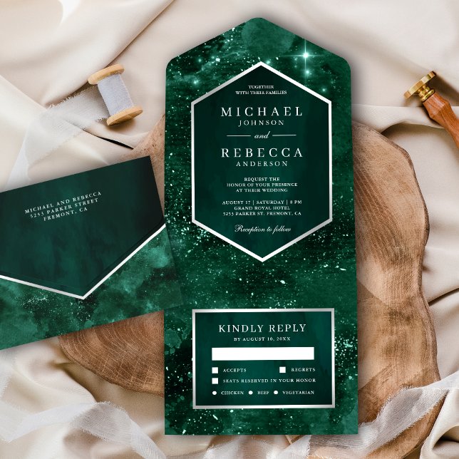 Outer Space Universe Emerald Green Galaxy Wedding All In One Invitation (Creator Uploaded)