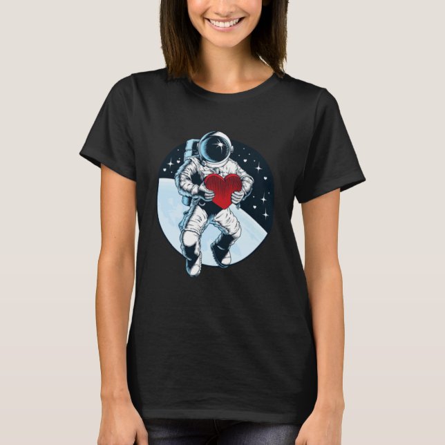 Outer Space Valentine Astronaut Holding Red Heart T-Shirt (Front)