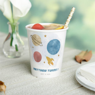 Outer Space Watercolor Planet Boy 1st Birthday Paper Cups